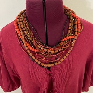 Anthropologie fall layering necklace wood and glass beads rust orange and gold